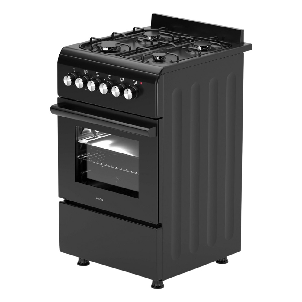 Black gas stove with four burners, oven, and drawer. White control knobs.