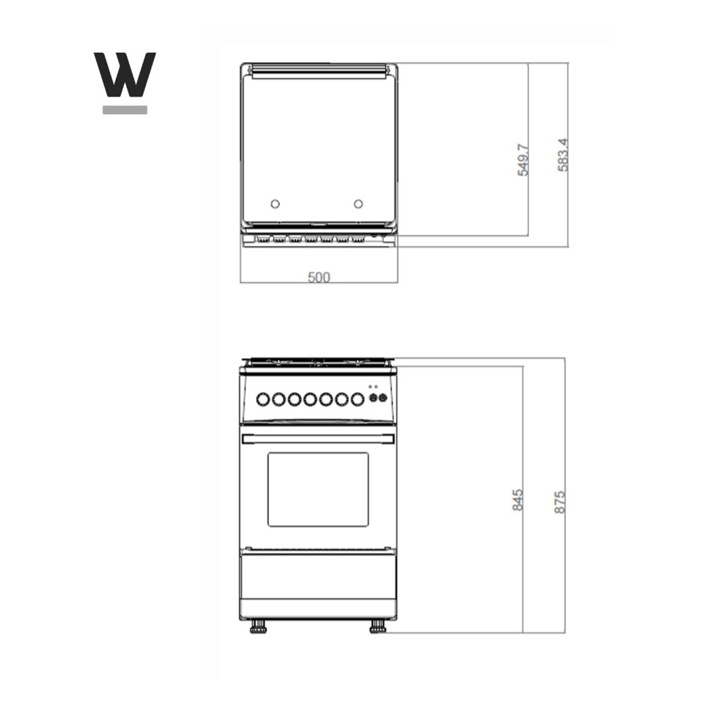 Technical drawing of a cooker with dimensions.