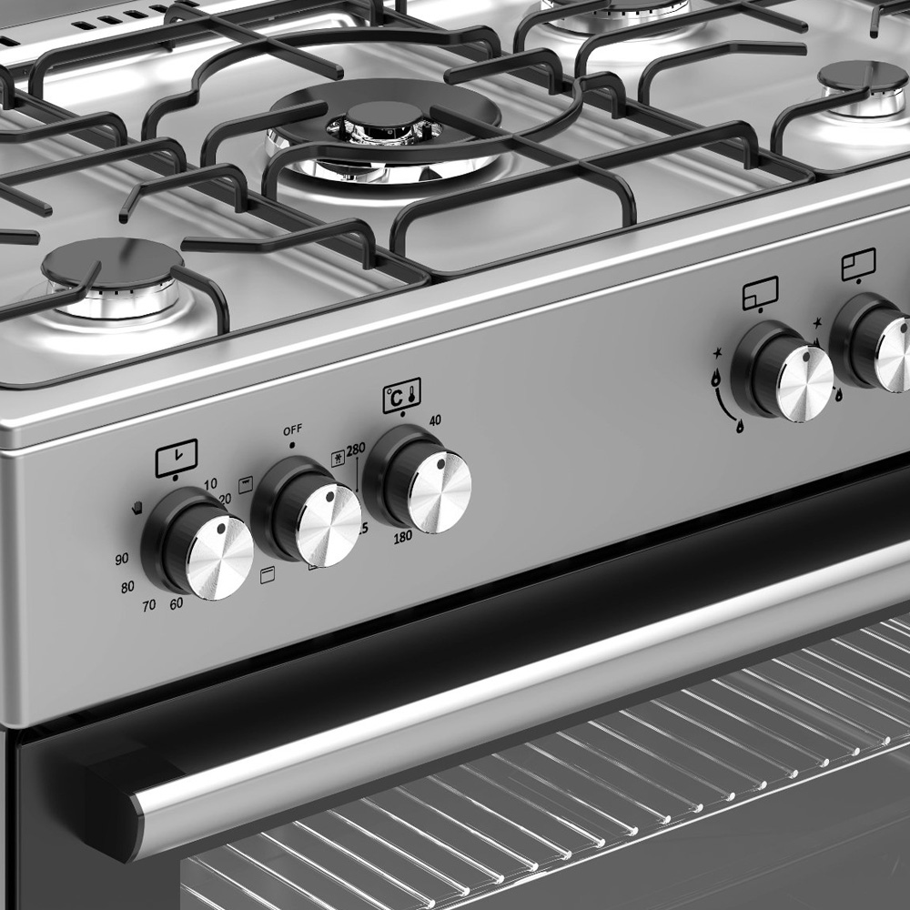 Close-up of a silver gas stove with burners and control knobs.