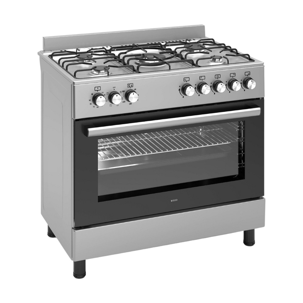 A silver gas stove with four burners, an oven, and silver control knobs.