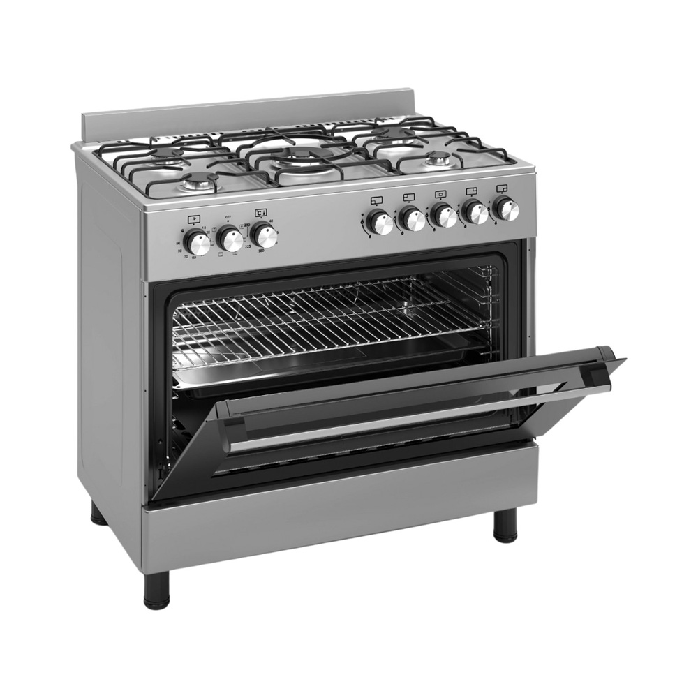 A silver gas stove with five burners and an open oven door.