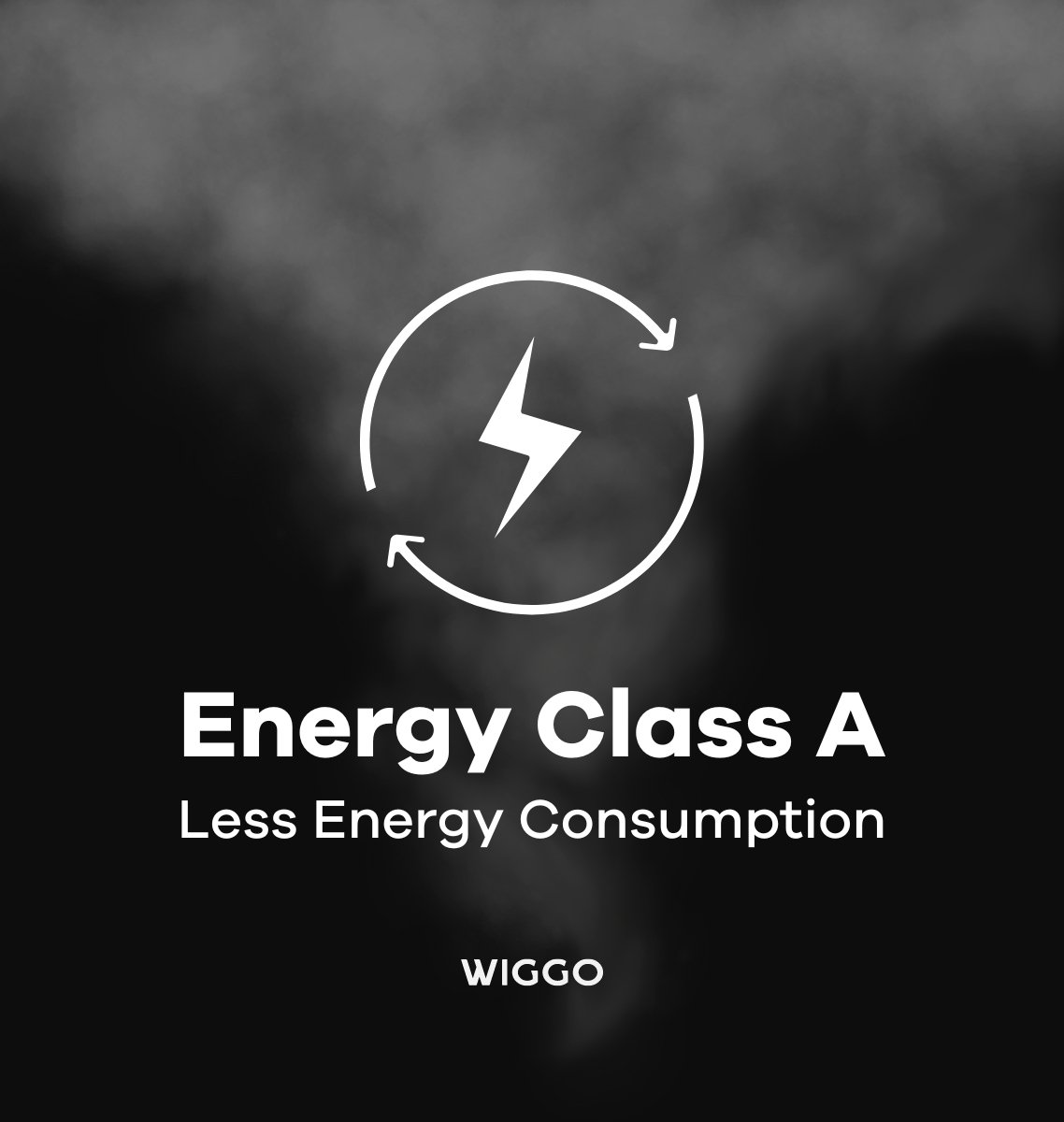 Classe énergétique A avec symbole éclair et flèches. Moins de consommation.