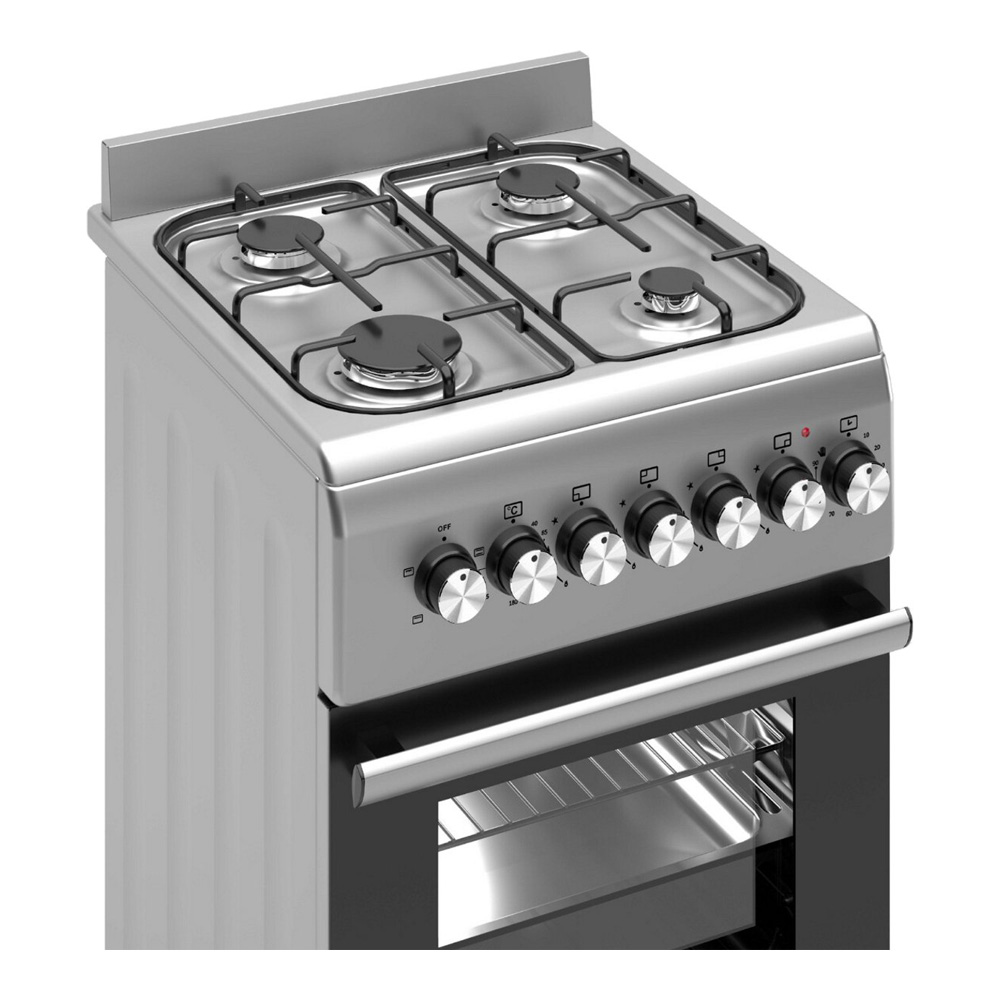 A silver gas stove with four burners, control knobs, and an oven.