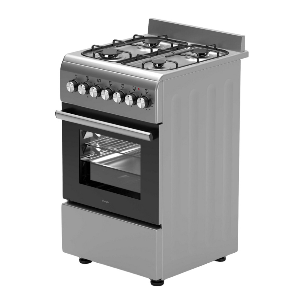 Silver gas stove with four burners, oven door, and drawer.