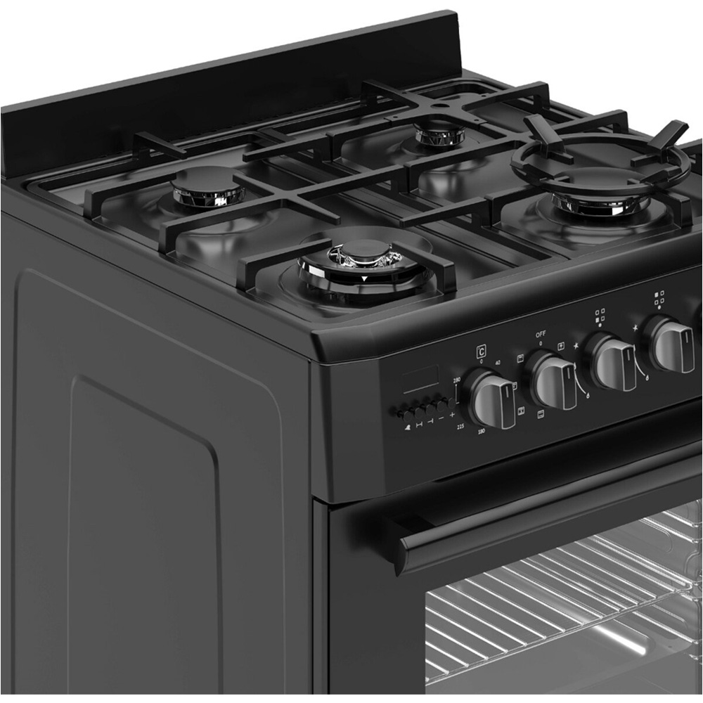 Cuisinière à gaz noire avec quatre brûleurs, porte de four et boutons.