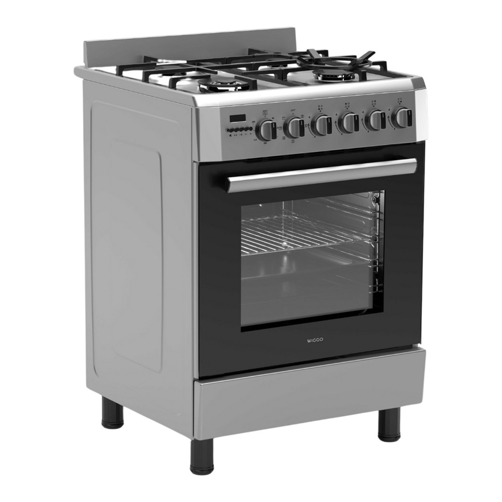 Een zilveren gasfornuis met vier branders, een oven en bedieningsknoppen.