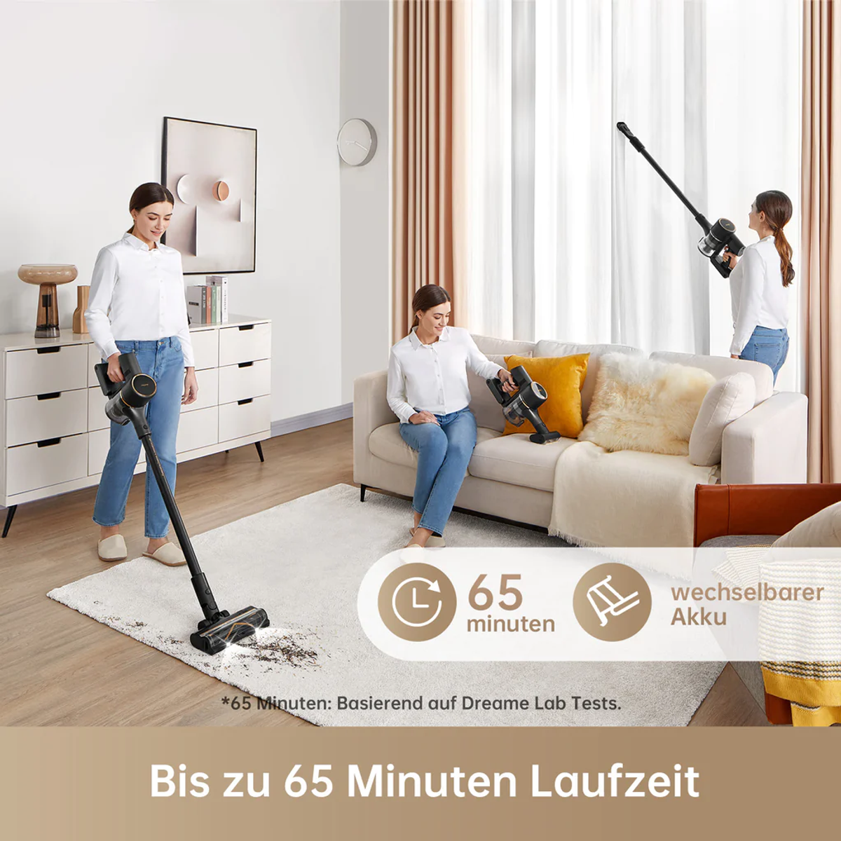 Dwie kobiety odkurzają salon. Do 65 minut pracy.