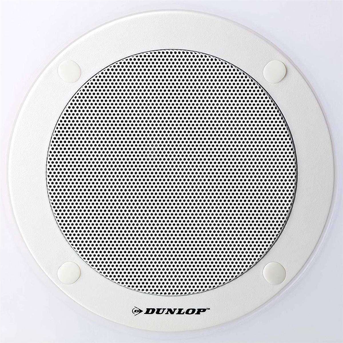 Weiße Lautsprecherabdeckung mit schwarzem Gitter und Dunlop-Logo.