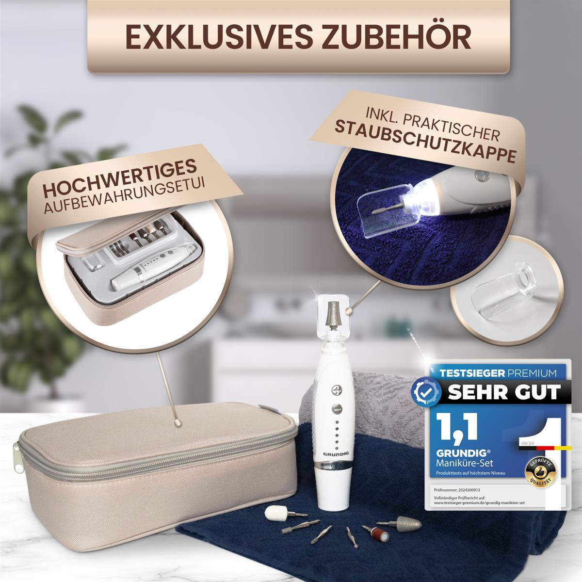 Ein weißes Maniküre-Set mit Aufbewahrungstasche und Zubehör auf einem blauen Tuch.
