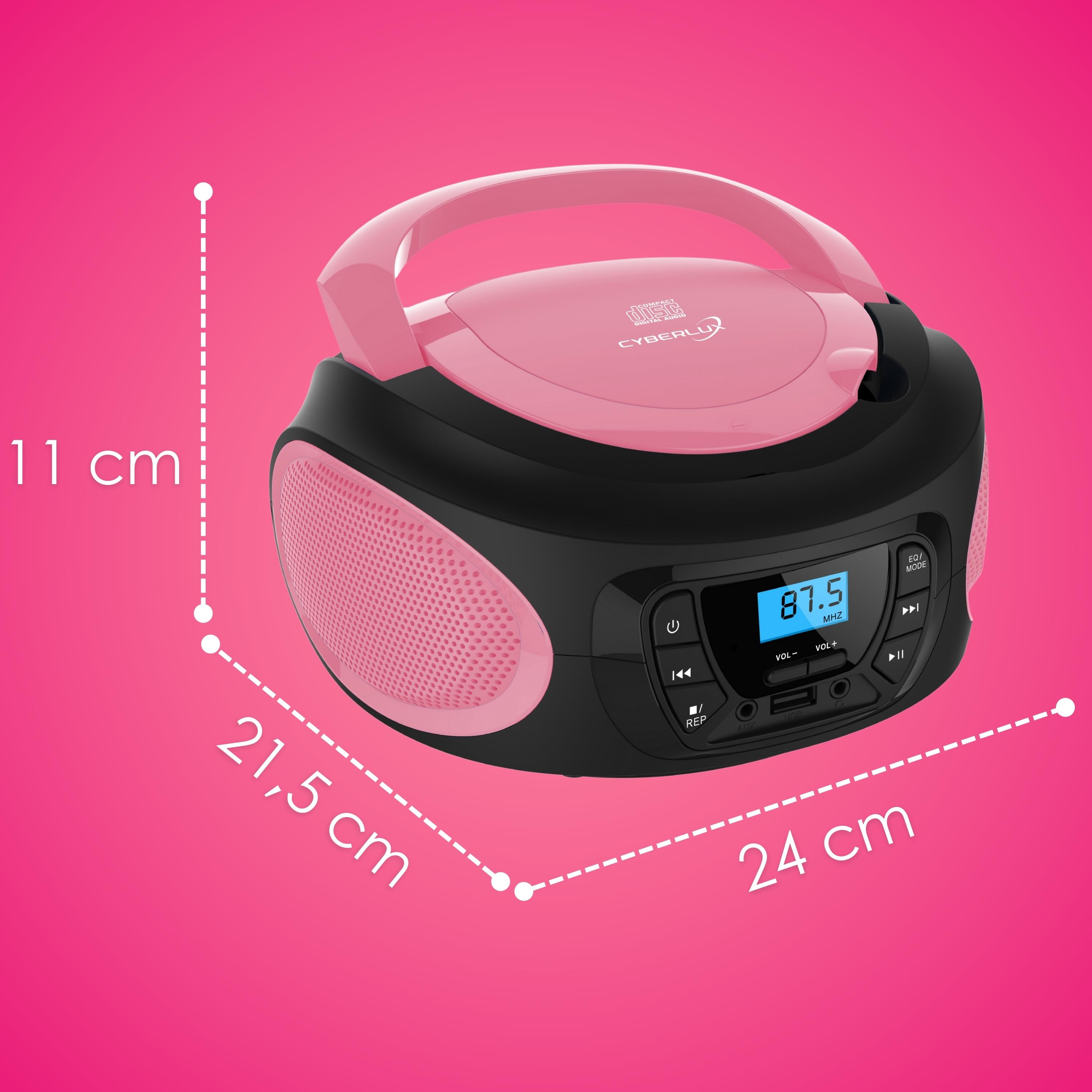 Ein pink-schwarzer Boombox mit Digitalanzeige "87.5 MHz", USB-Anschluss und Bedientasten, vor pinkem Hintergrund mit Maßen.