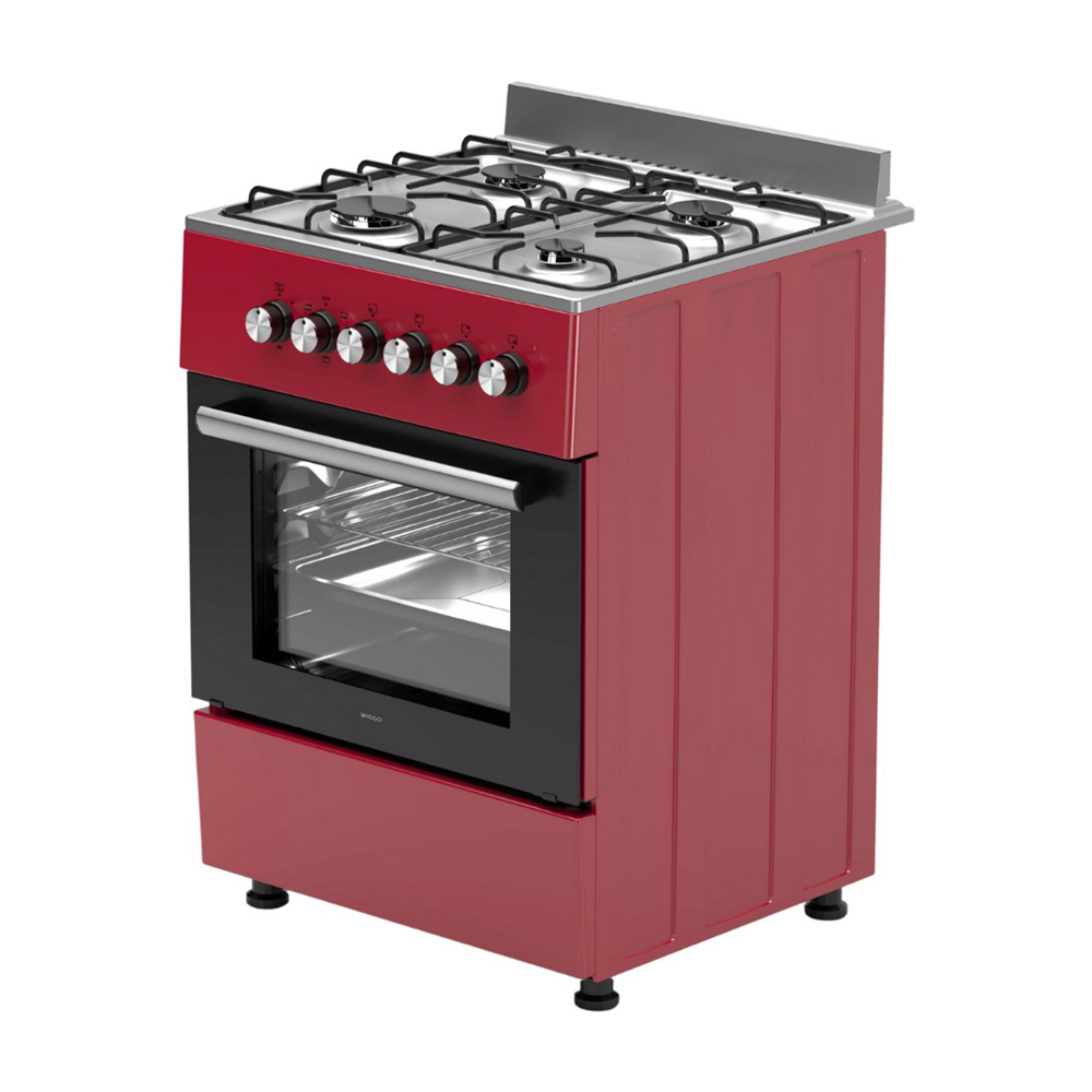 A red gas stove with four burners, an oven, and silver control knobs.