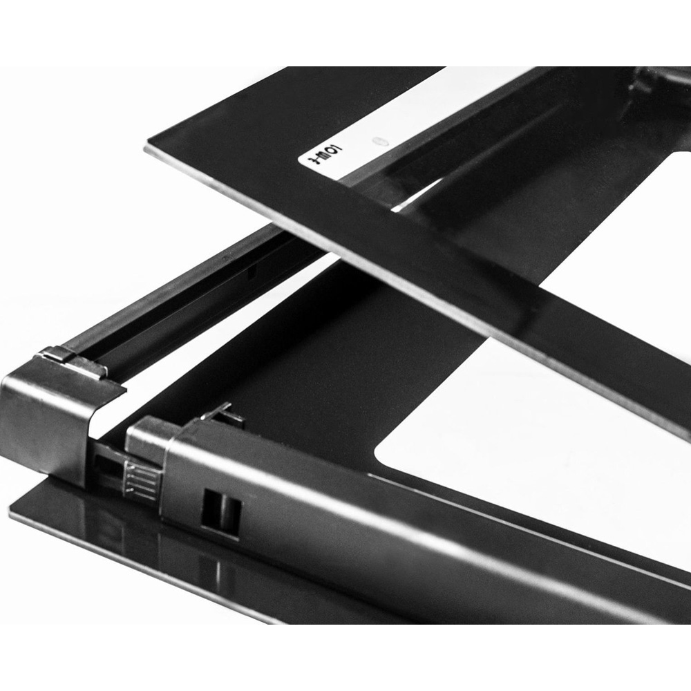 Close-up of a black frame with silver hinges on a white background.