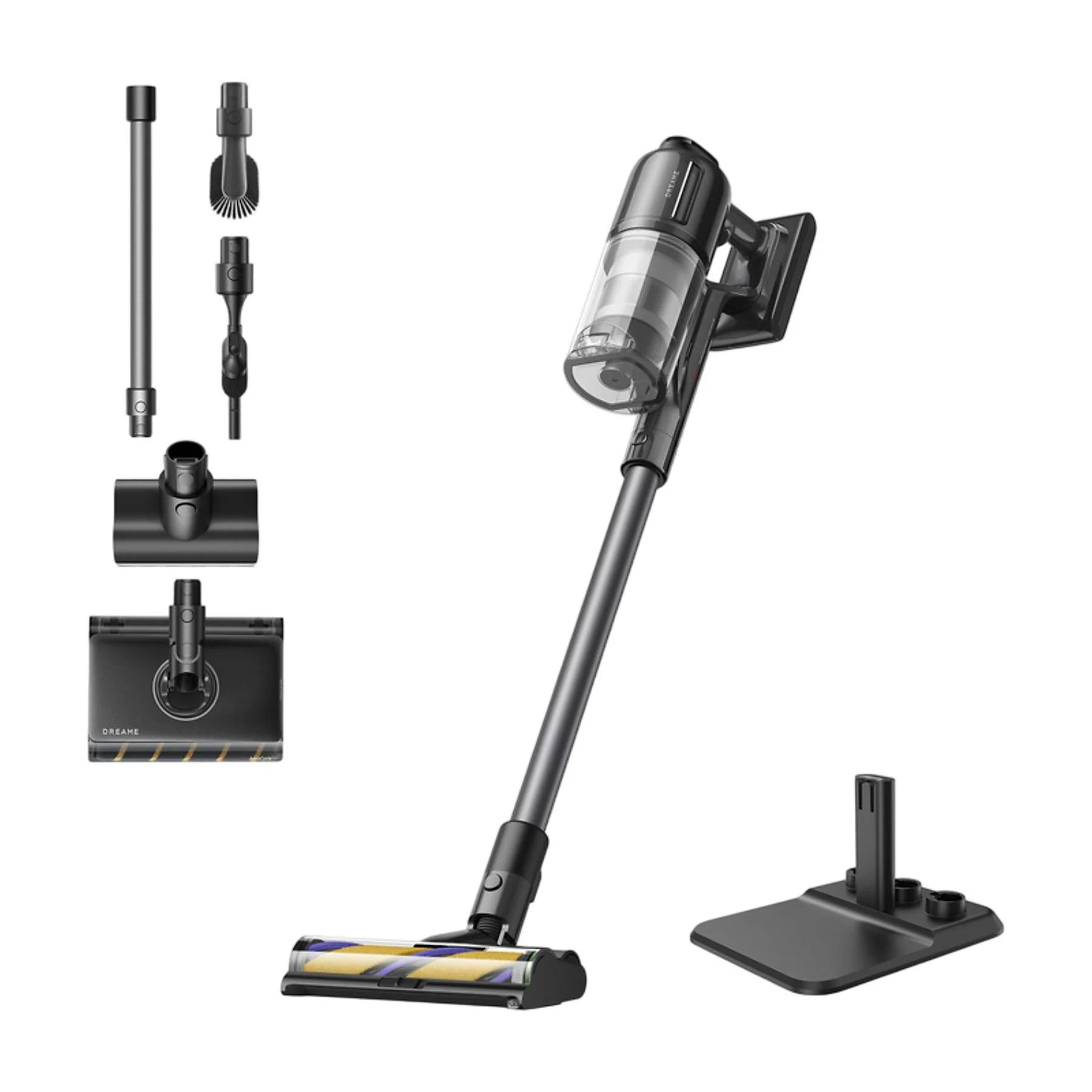 Odkurzacz bezprzewodowy z akcesoriami i stacją ładującą na białym tle.