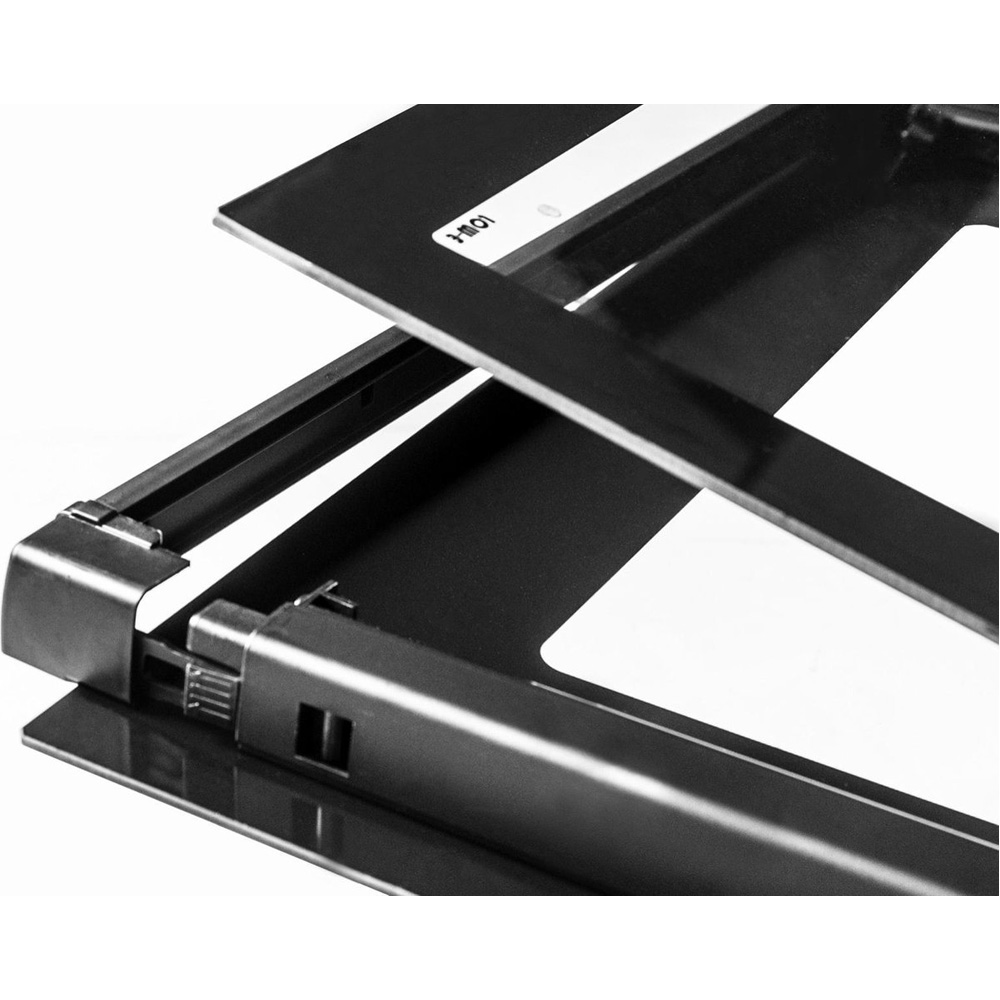Close-up of a black metal frame with silver hinge details.