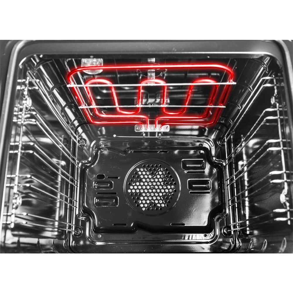Inside view of an oven with a glowing red heating element and a fan.