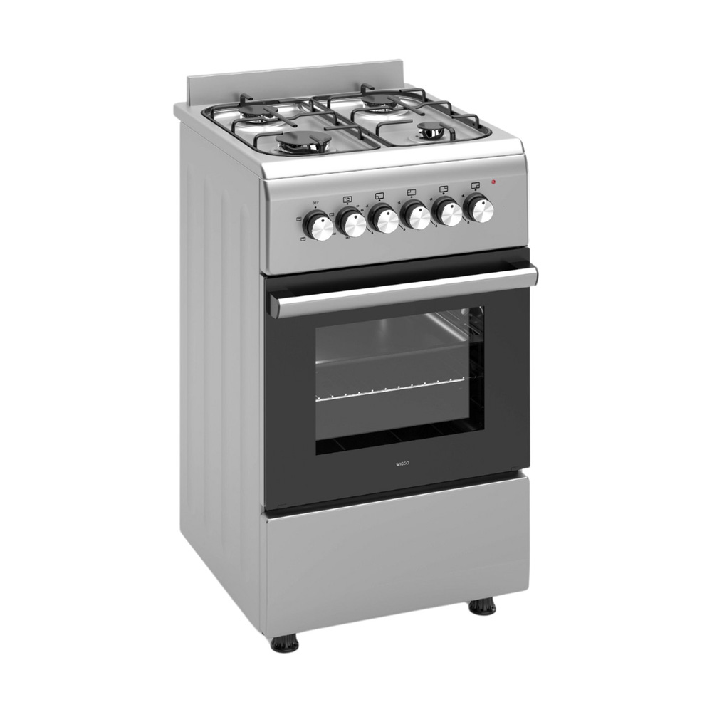 Silver gas stove with four burners, oven door, and control knobs.