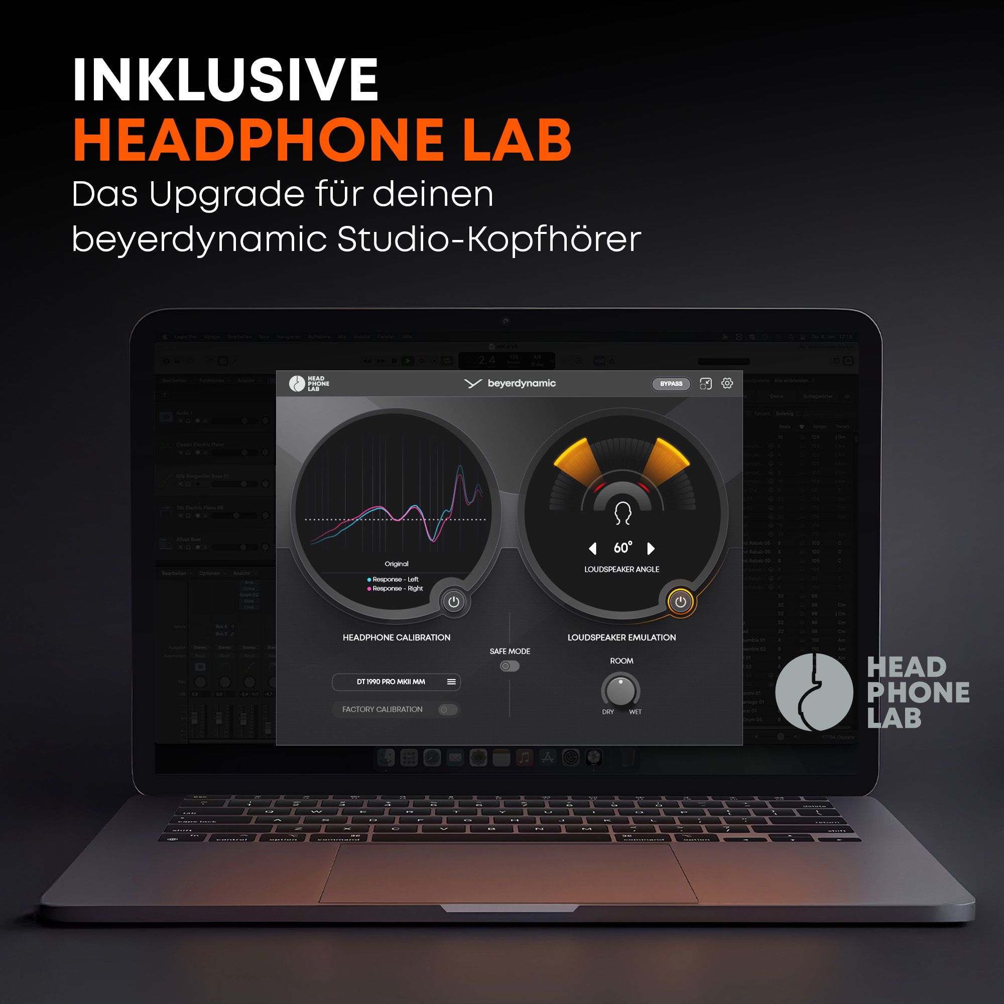 Ekran laptopa wyświetla oprogramowanie słuchawek Beyerdynamic z charakterystykami częstotliwościowymi.