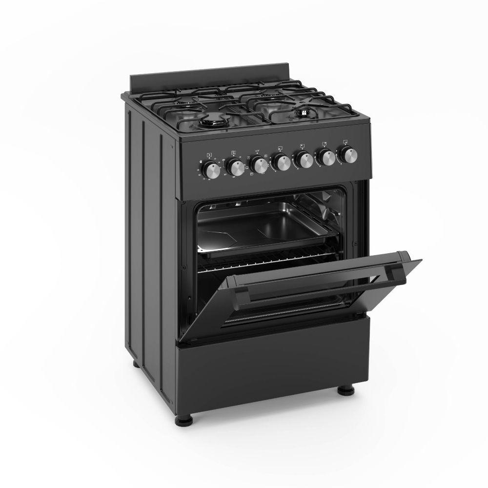 Black gas stove with open oven and stovetop