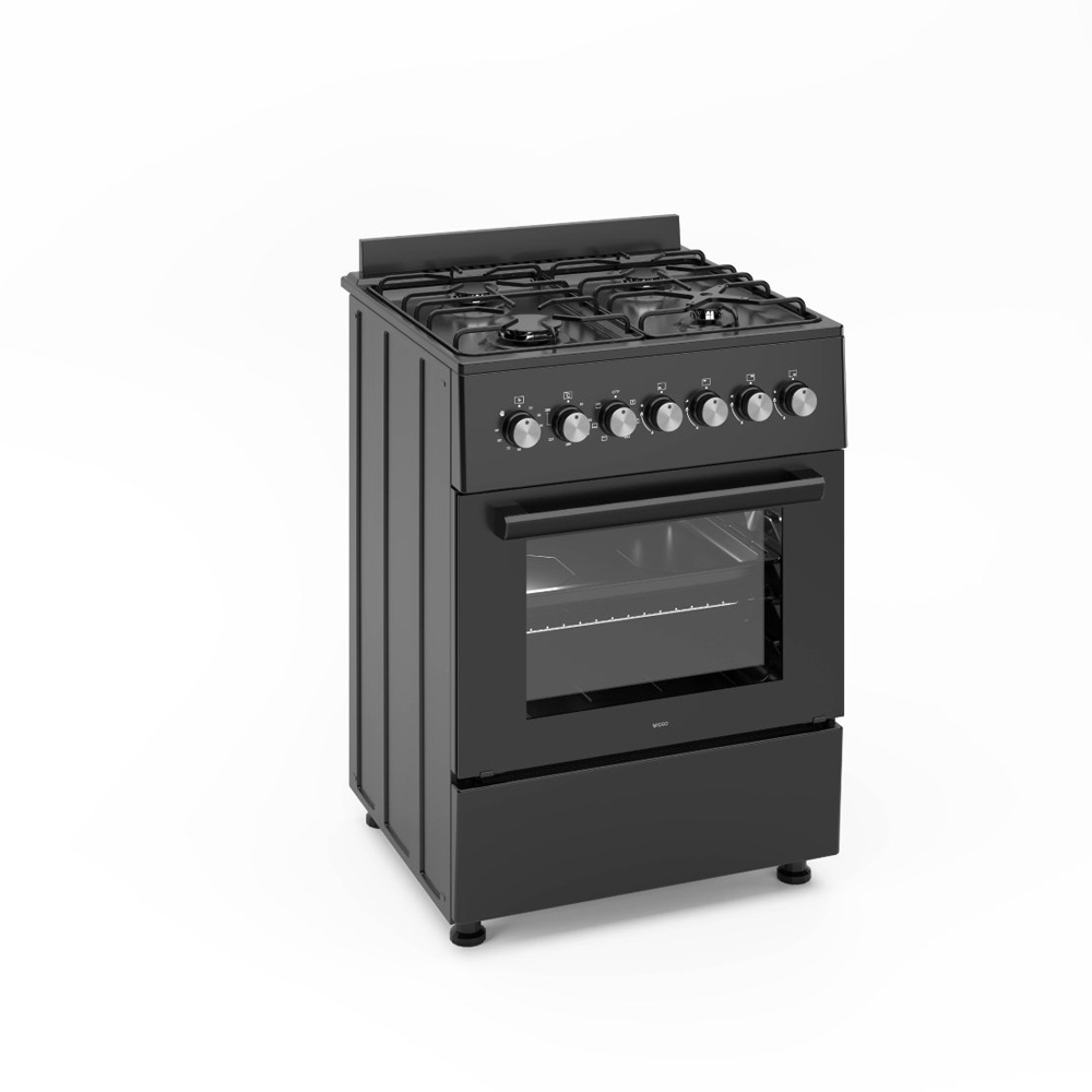 Black gas stove with four burners, an oven door, and a drawer below.