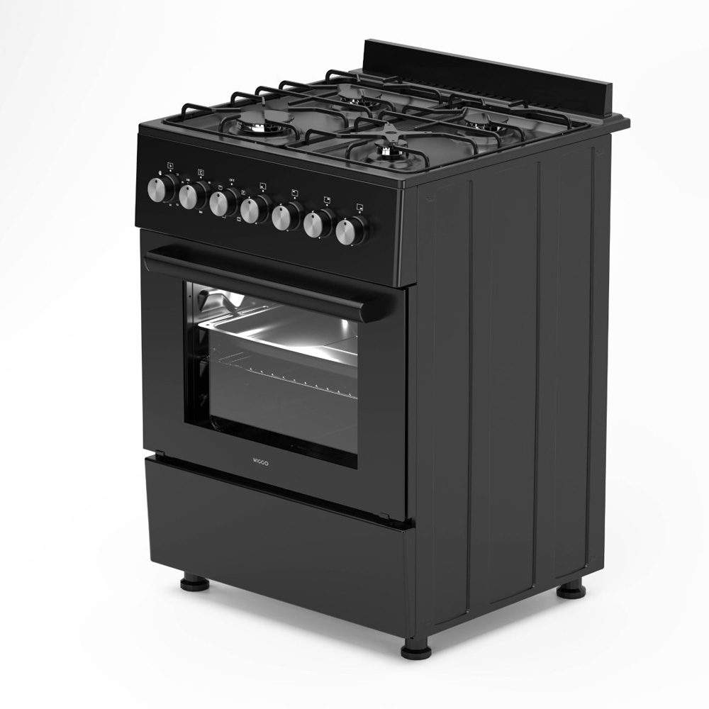 Black gas stove with four burners, glass oven door, and silver knobs.