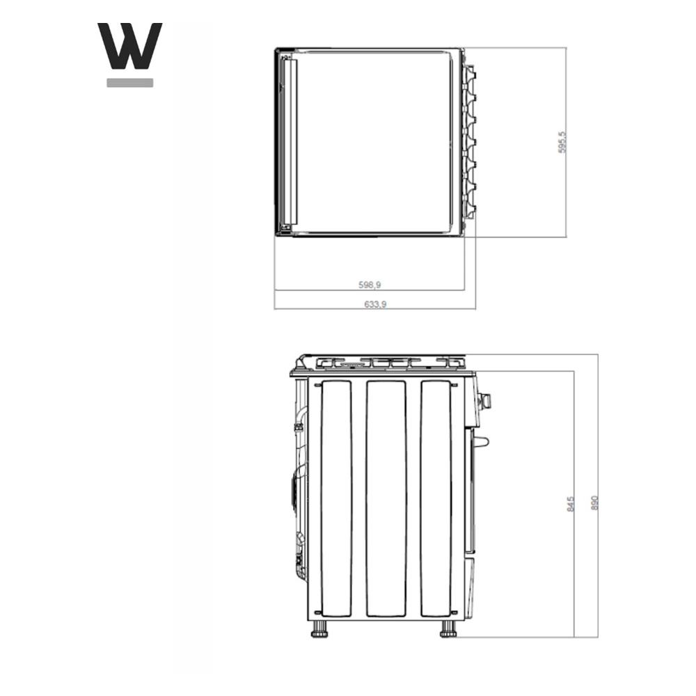 Technical drawing of a hob with dimensions and the W logo.