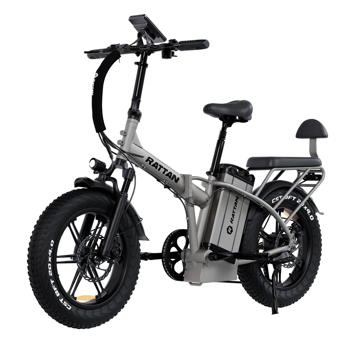 Szary składany rower elektryczny z grubymi oponami, bagażnikiem i siedzeniem.