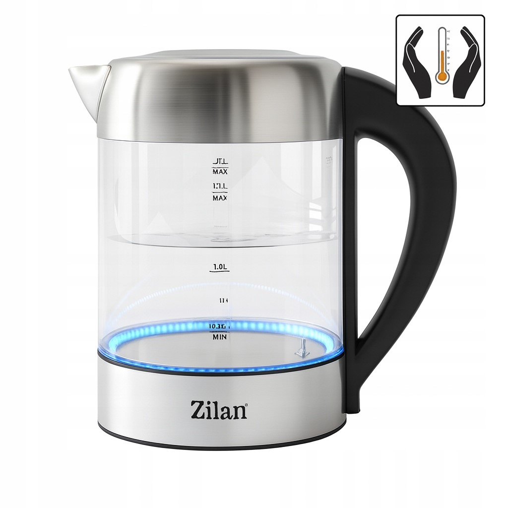 Szklany czajnik Zilan ze stalową podstawą i pokrywką, czarną rączką. Niebieskie światło oświetla podstawę.