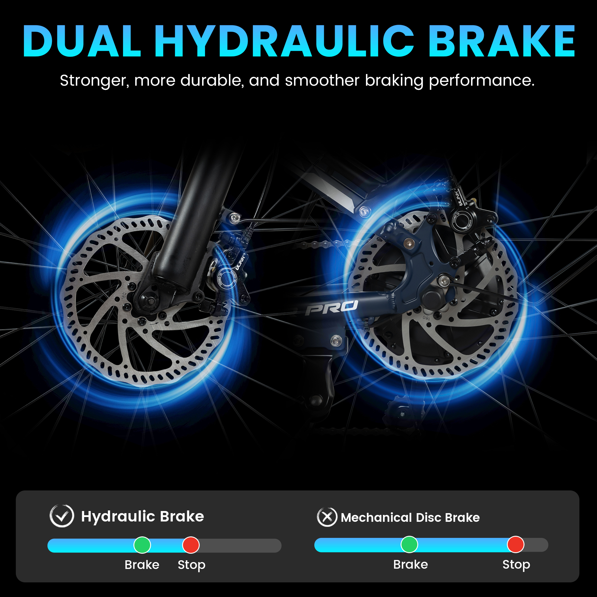 Podwójne hamulce hydrauliczne z niebieskimi kręgami światła wokół tarcz.