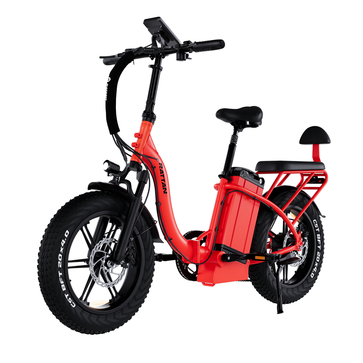 Czerwony rower elektryczny z grubymi oponami, amortyzowanym widelcem i bagażnikiem.