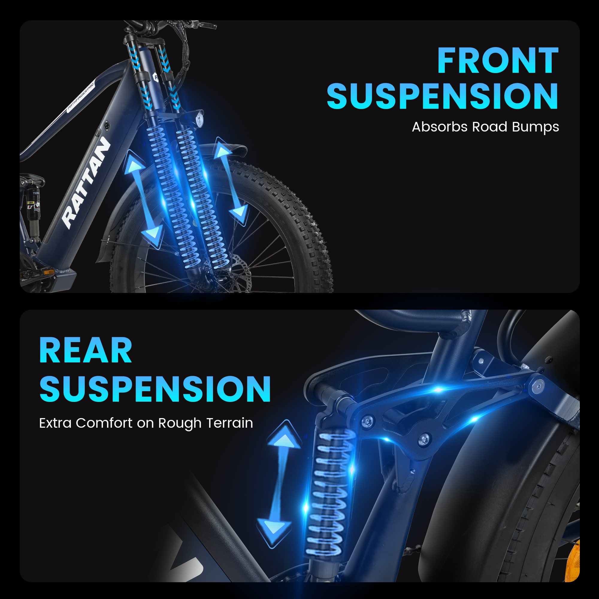 Przednie i tylne zawieszenie ciemnego roweru z niebieskimi akcentami.