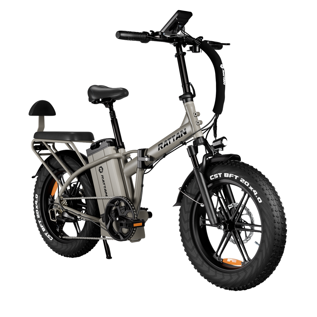 Szary składany rower elektryczny z grubymi oponami, bagażnikiem i siedzeniem.