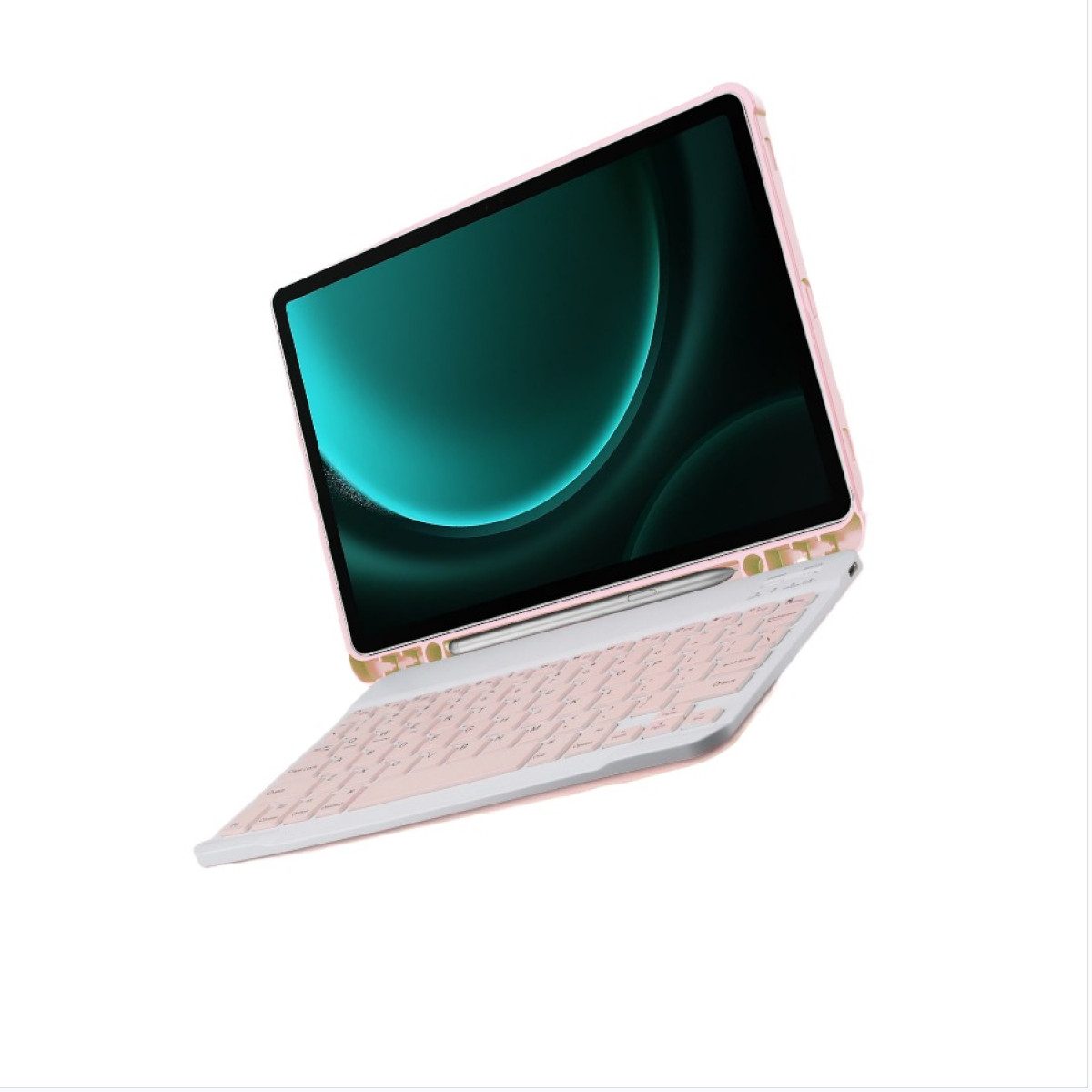 Różowy tablet z etui na klawiaturę i rysikiem pokazany pod kątem na białym tle.