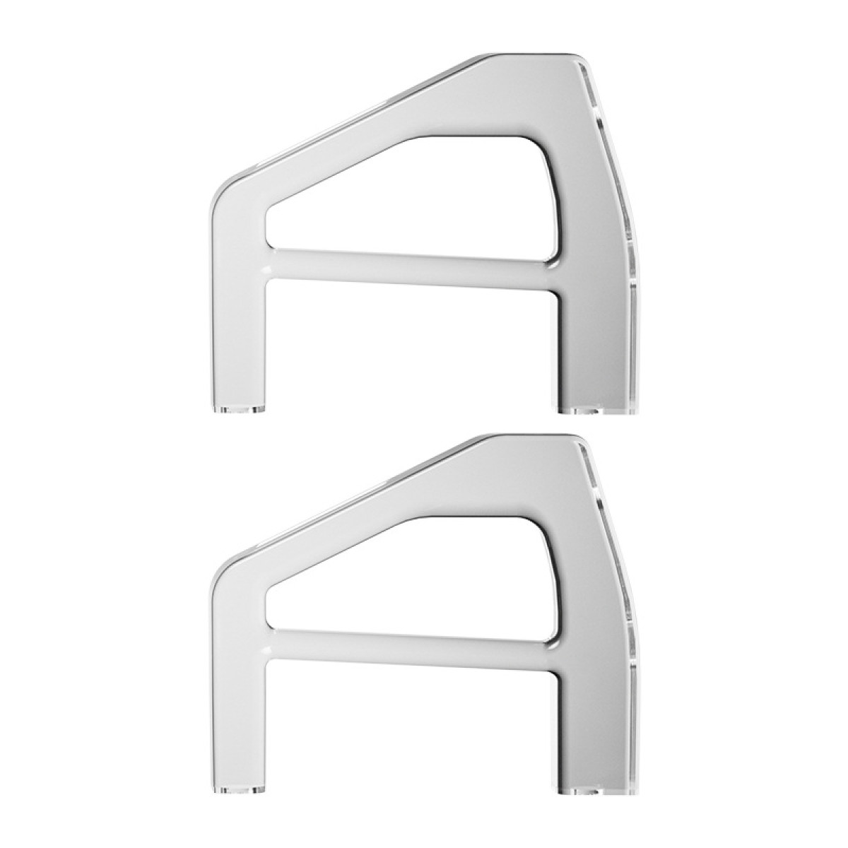 Dwa białe, półprzezroczyste wsporniki w kształcie litery A na białym tle.