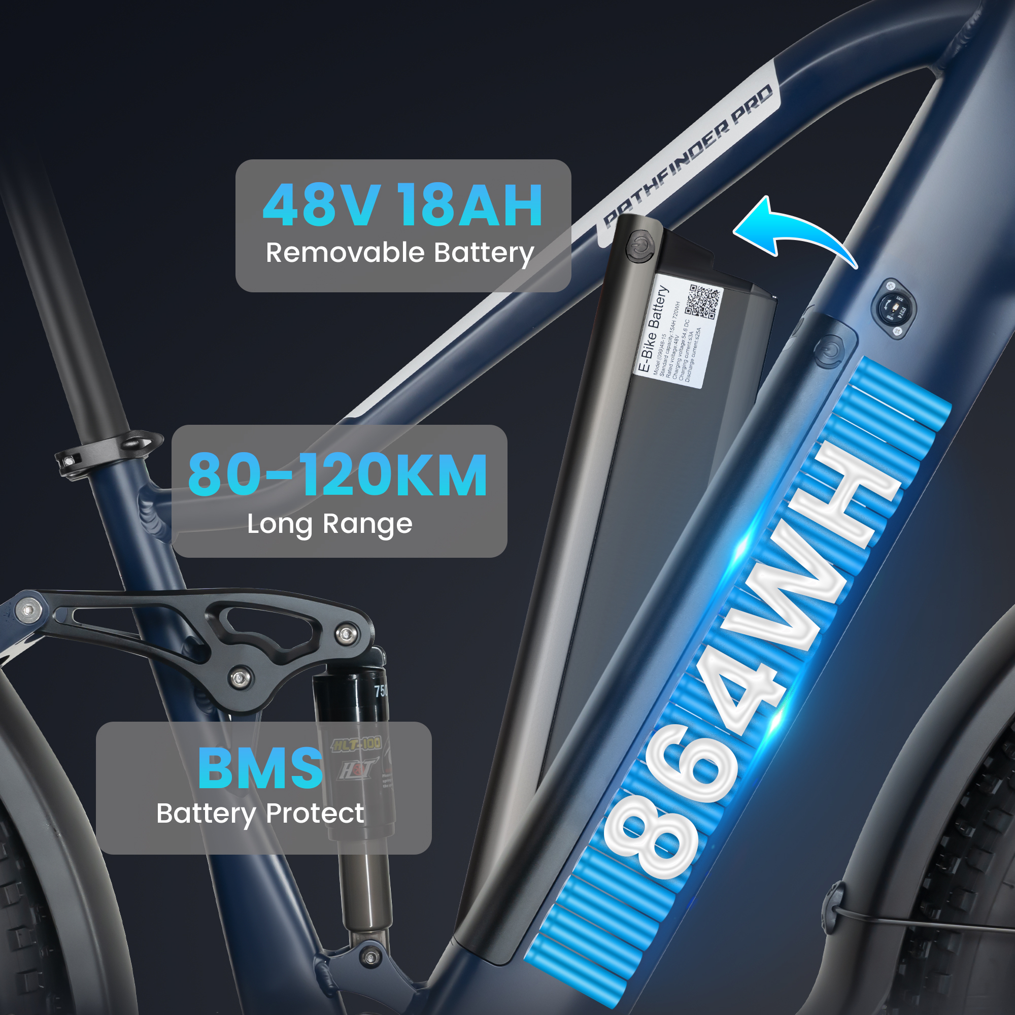 Niebieski rower elektryczny z danymi akumulatora, zasięgiem i BMS.