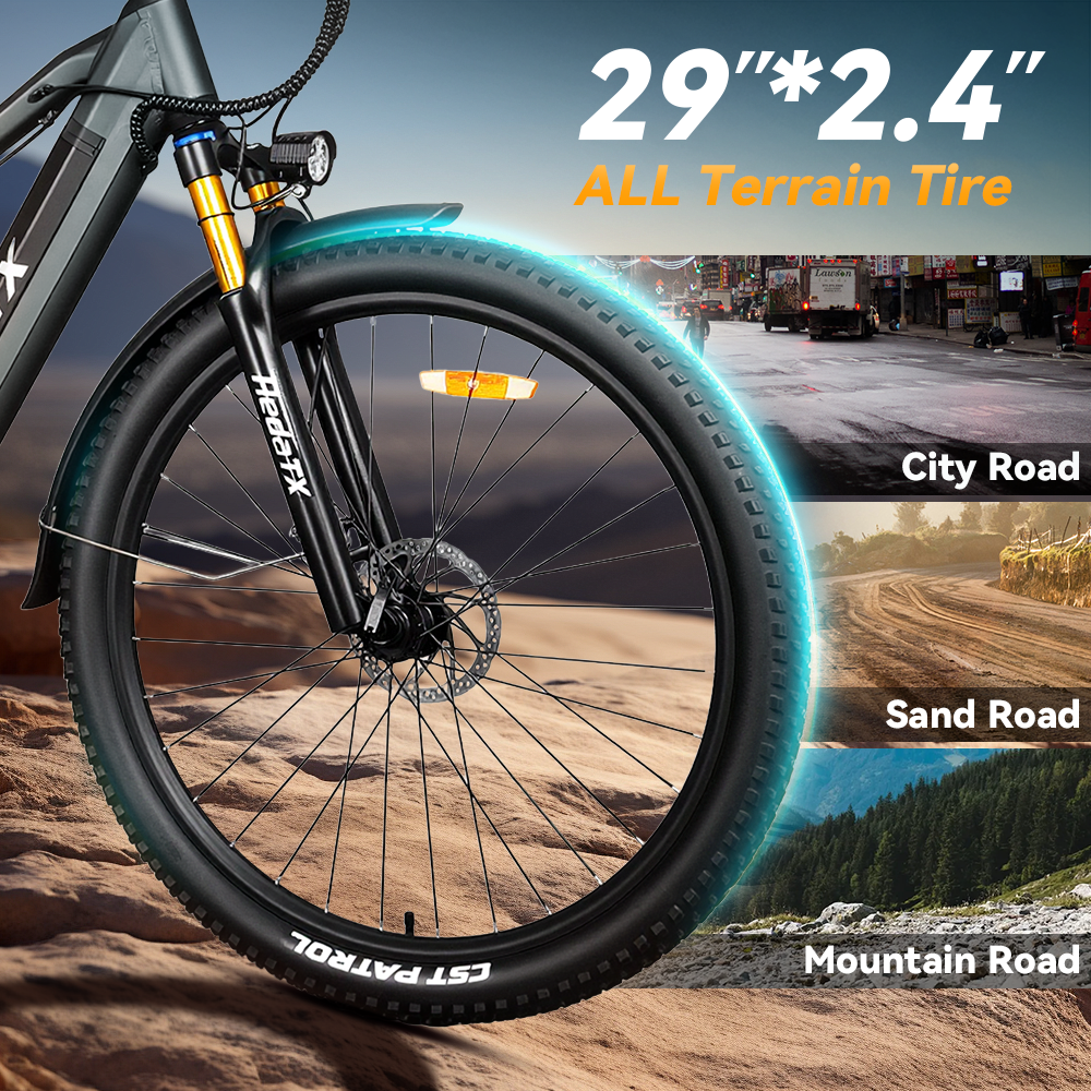 Koło roweru elektrycznego z oponą terenową 29x2,4 cala na drogi miejskie, piaszczyste i górskie.