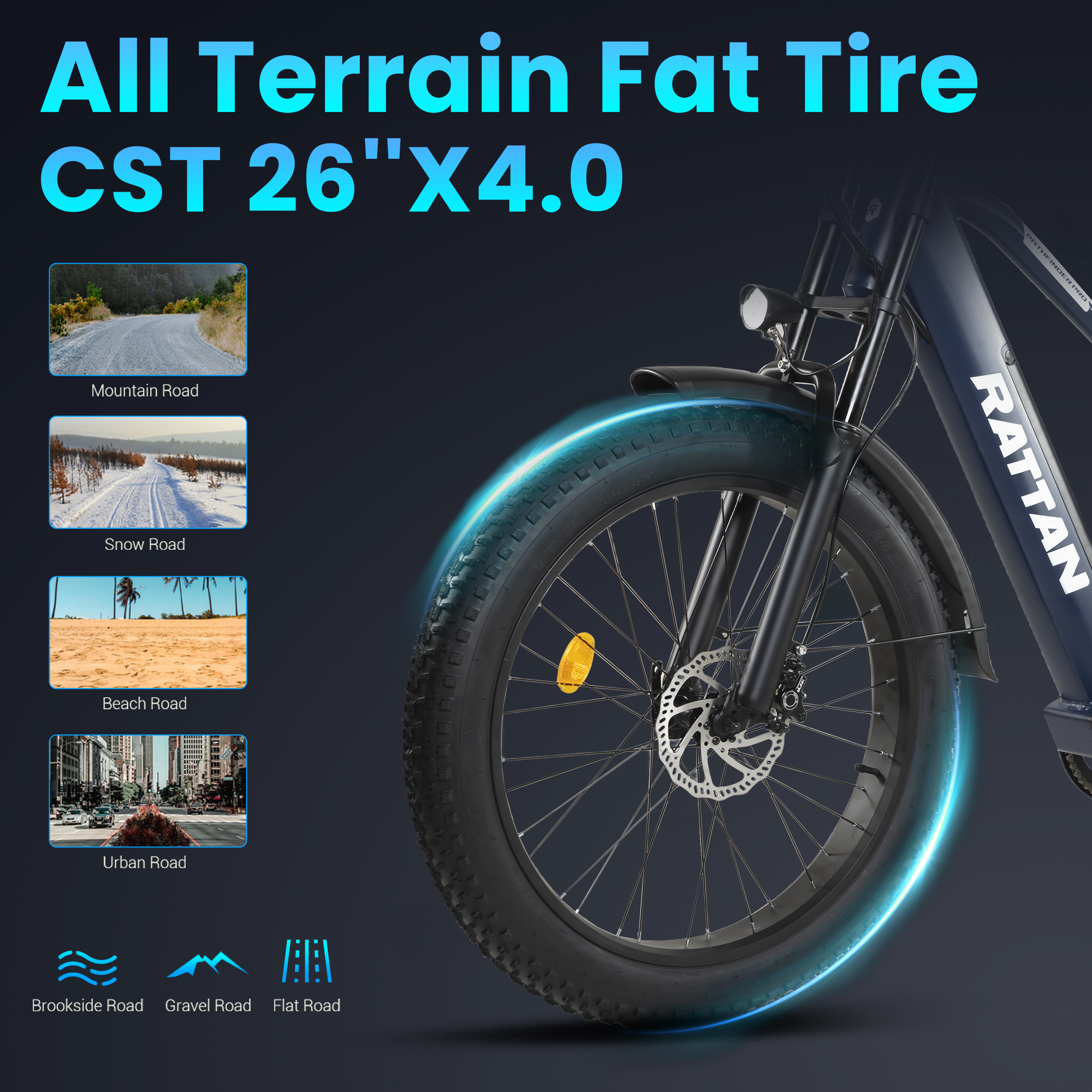 Niebieski rower elektryczny typu fat bike z reflektorem. Wyświetlane są różne obrazy dróg.