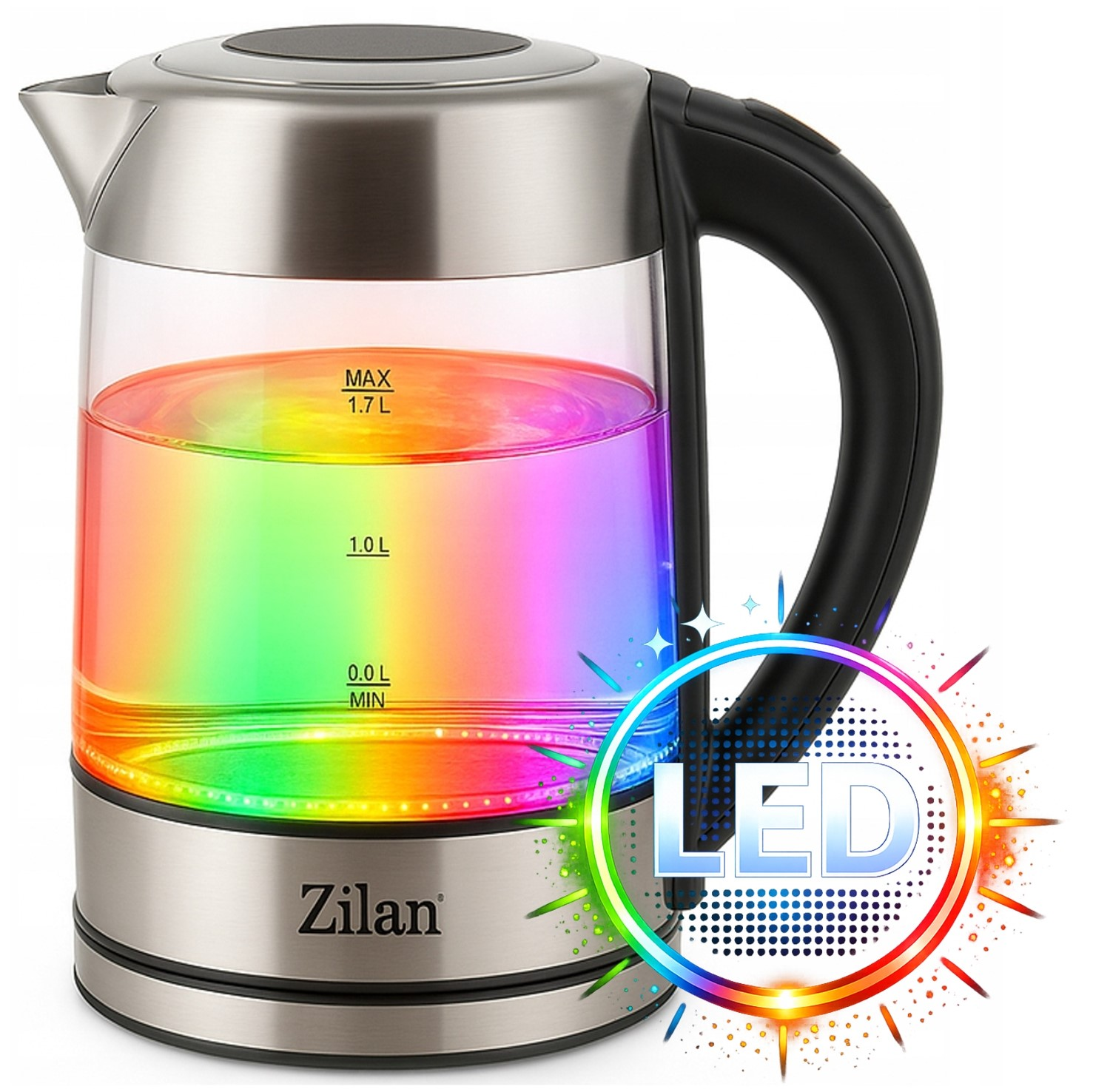 Szklany czajnik z tęczowym podświetleniem LED, poj. 1,7 L.