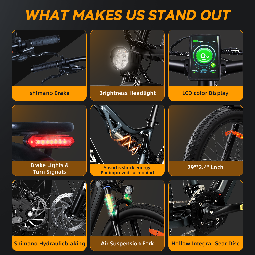 Cechy roweru elektrycznego: hamulce, reflektor, wyświetlacz LCD, tylne światła, amortyzacja.