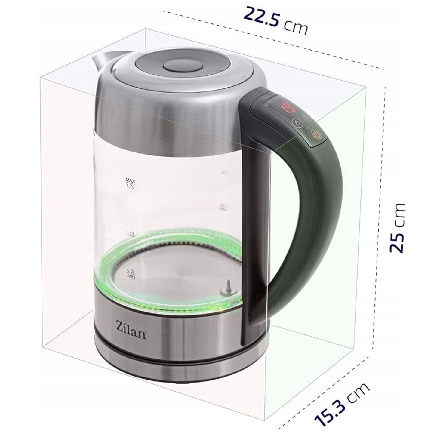 Przezroczysty czajnik elektryczny z czarnym uchwytem i cyfrowymi przyciskami, podświetlony.