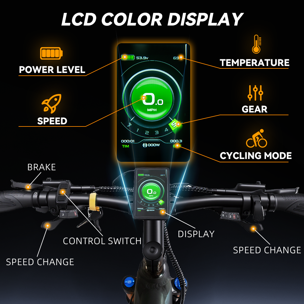 Kierownica roweru elektrycznego z wyświetlaczem LCD pokazującym prędkość, moc, bieg i tryb.