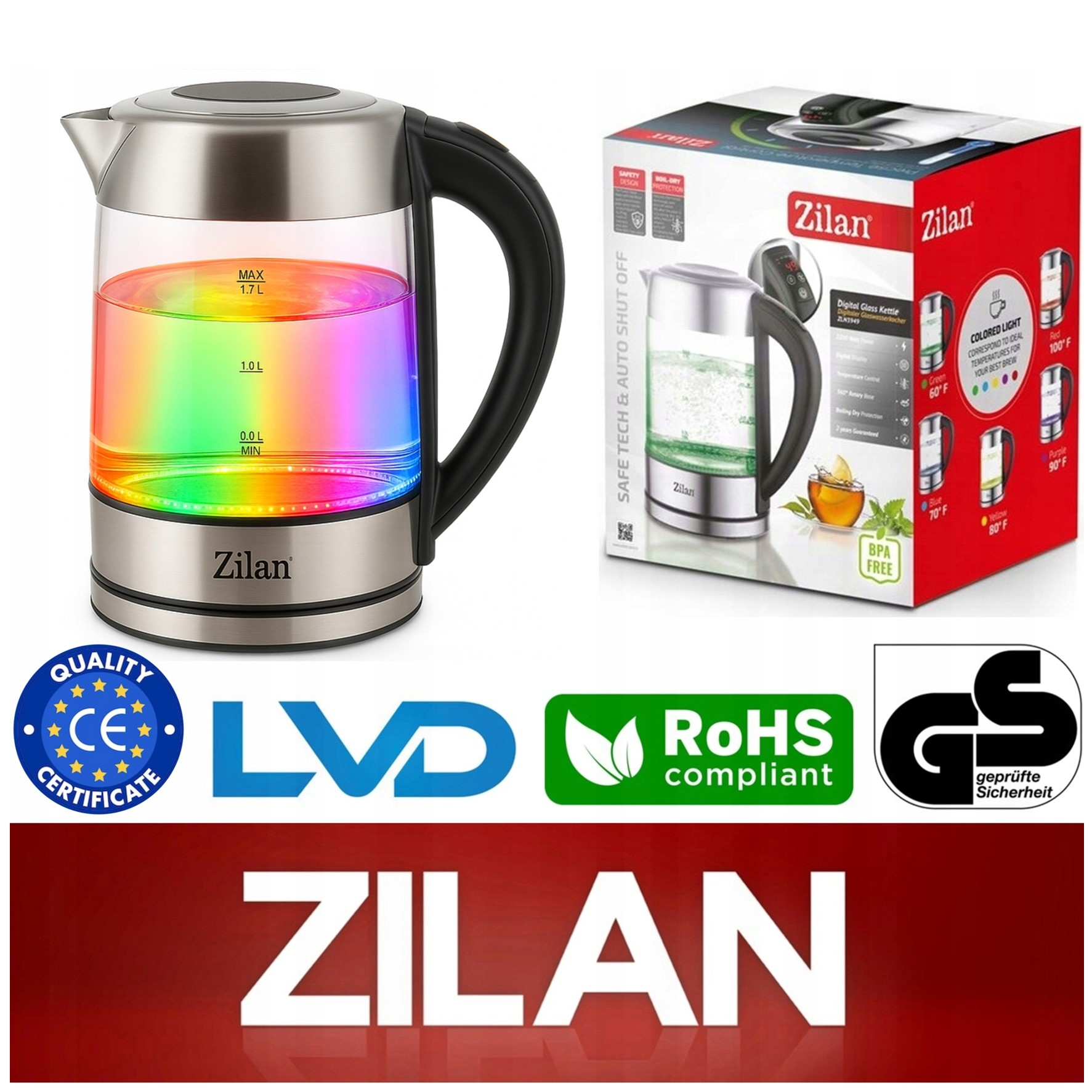 Szklany czajnik Zilan z oświetleniem LED i opakowaniem. Certyfikaty poniżej.