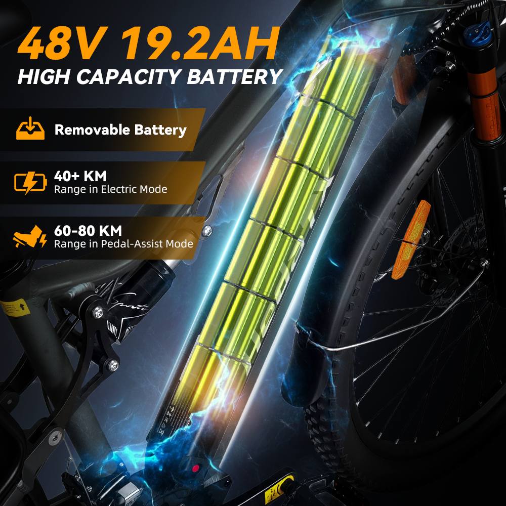 Bateria E-bike 48V 19.2AH: wyjmowana, 40+km tryb elektryczny, 60-80km wspomaganie.