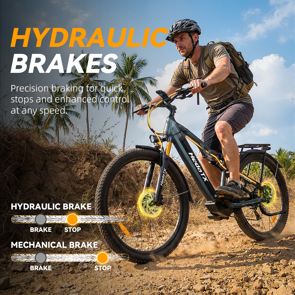 Mężczyzna jedzie rowerem elektrycznym po pagórkowatym terenie, tekst o hamulcach hydraulicznych.