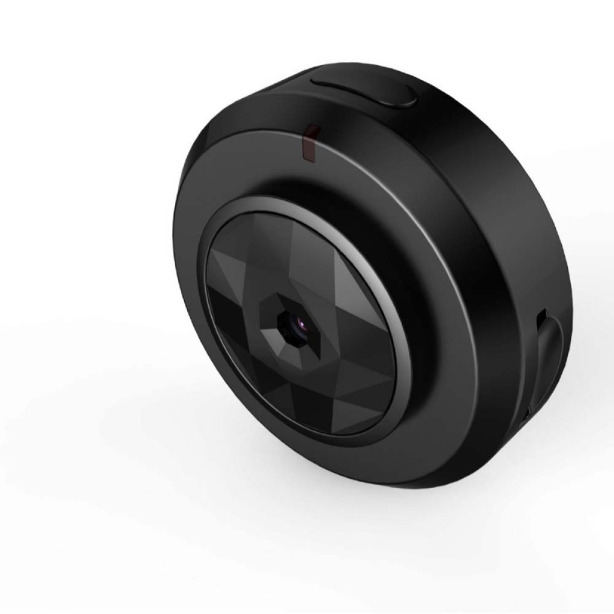 Mała czarna, okrągła mini kamera w kształcie kostki z obiektywem pośrodku.