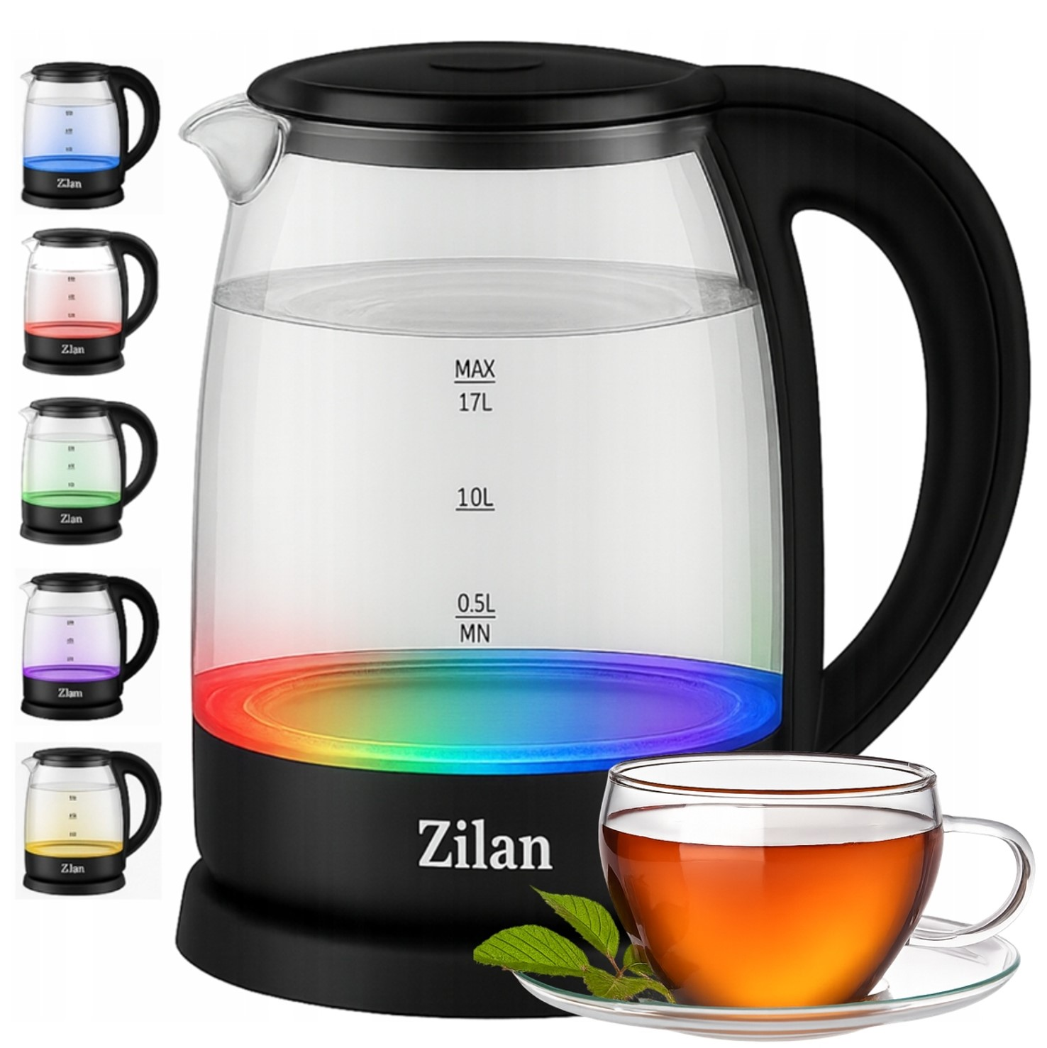 Szklany czajnik z podświetleniem LED i filiżanka herbaty.