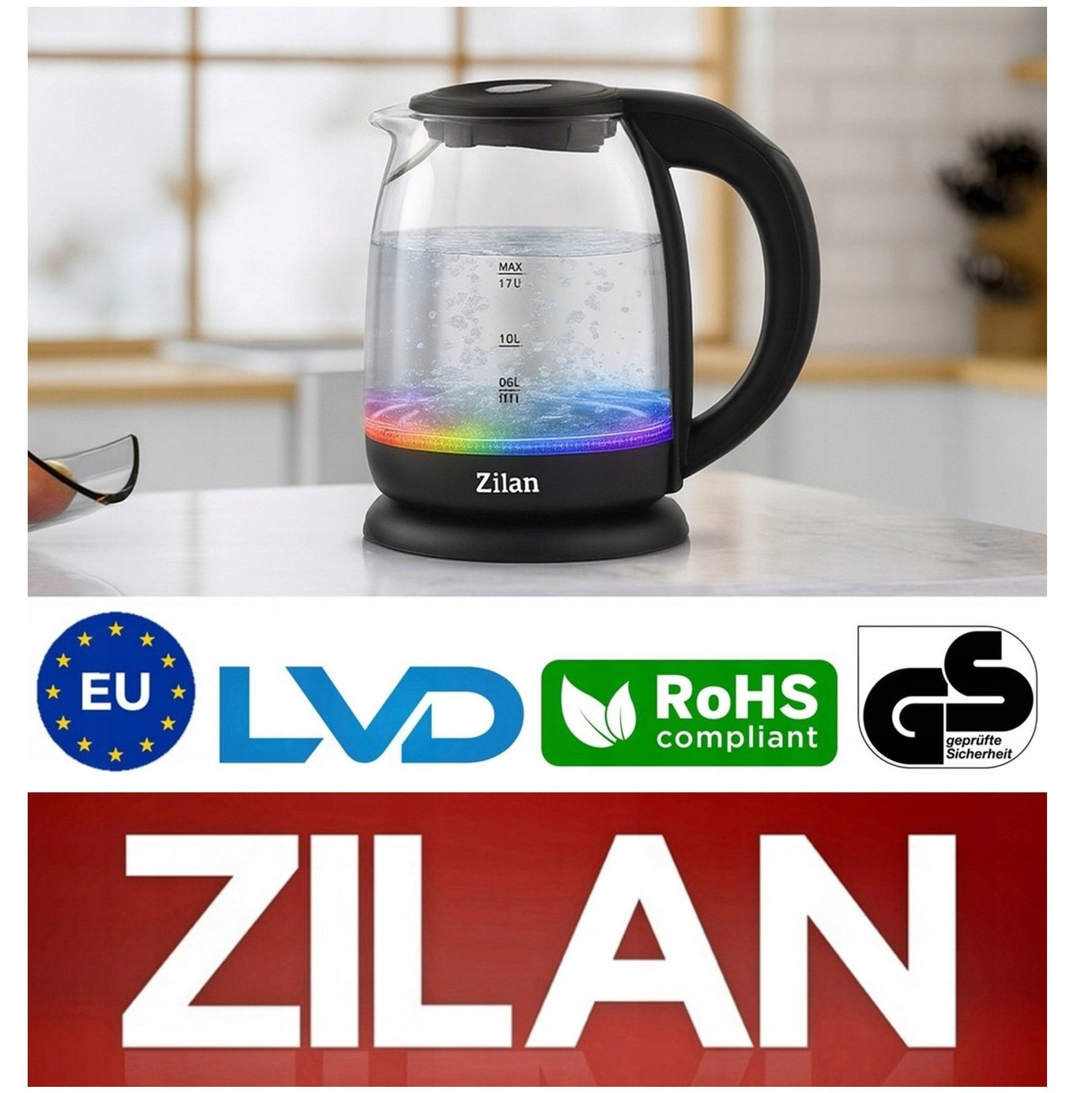 Szklany czajnik z czarnym uchwytem i pokazem świetlnym u podstawy.