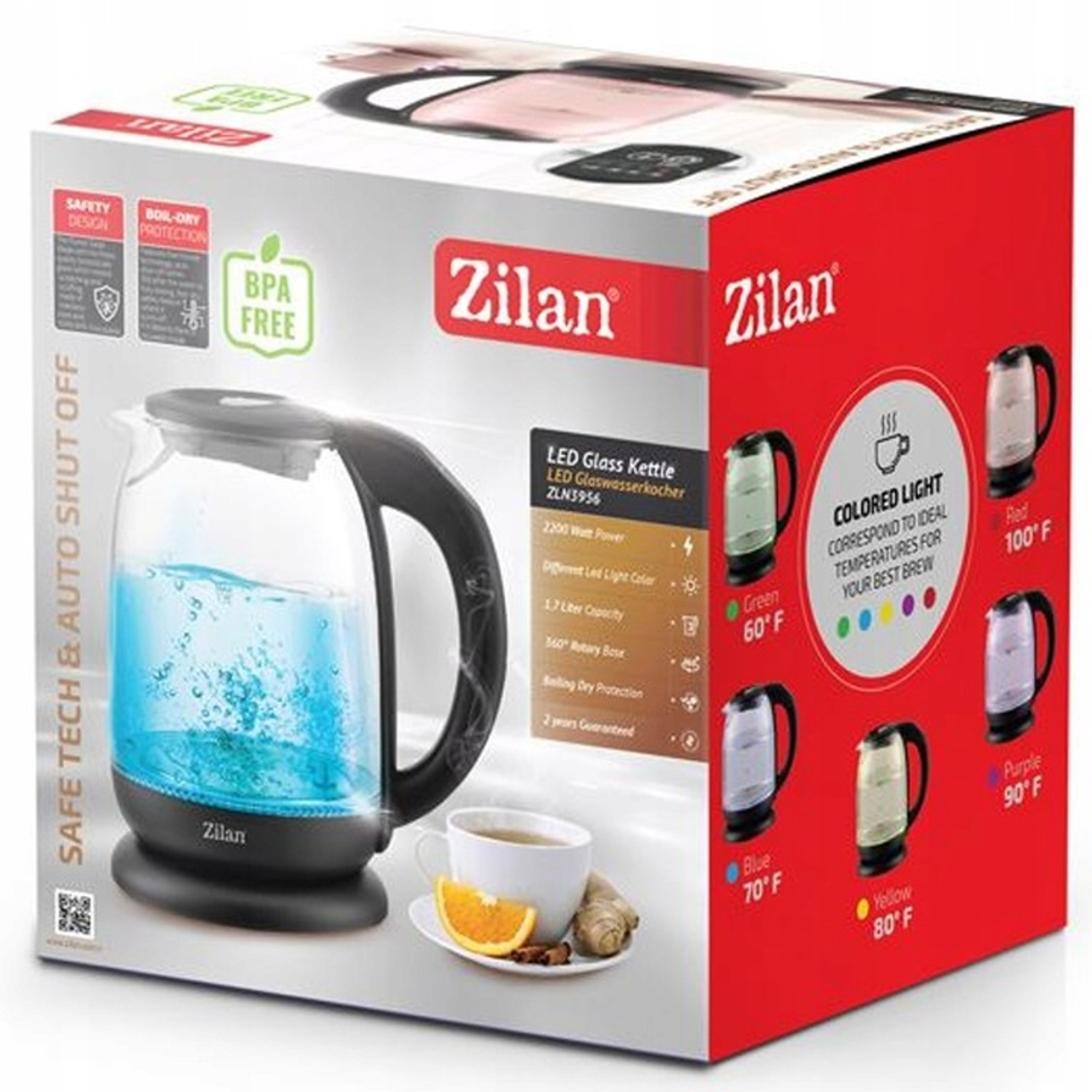 Czajnik szklany Zilan LED z niebieskimi bąbelkami, filiżanka herbaty i imbir.