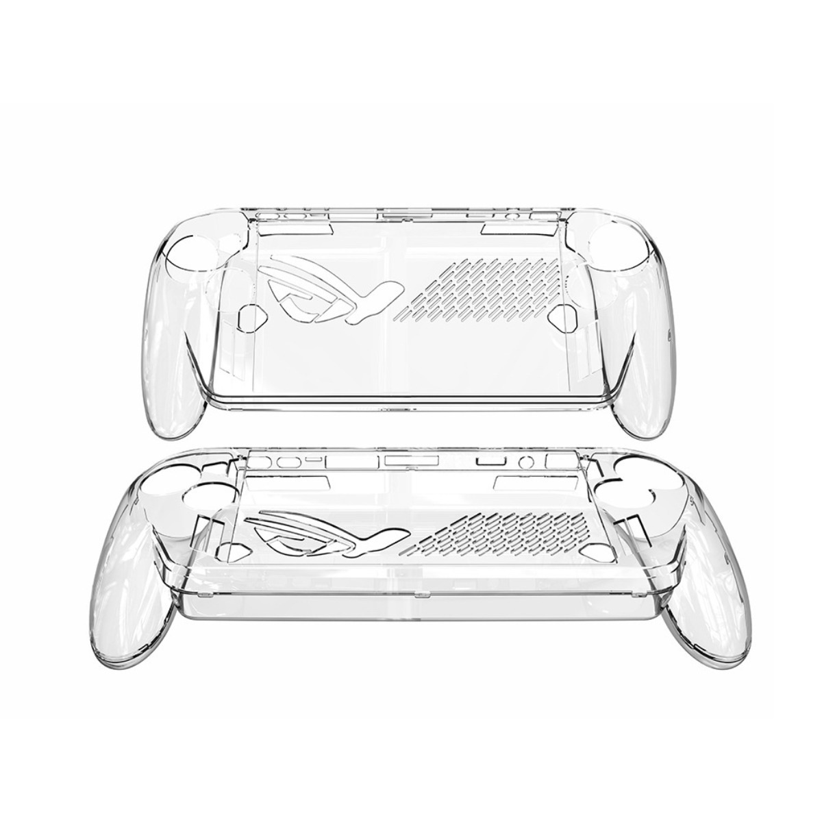 Dwa przezroczyste etui ochronne na konsole do gier z uchwytami.