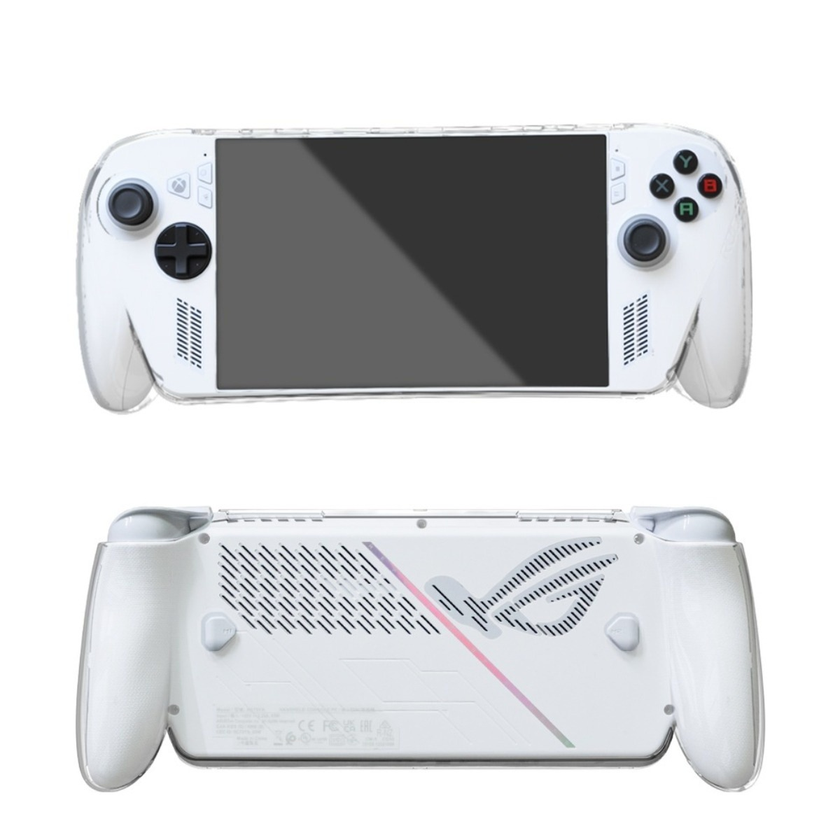 Biała konsola przenośna w przezroczystej obudowie, z joystickami i przyciskami.