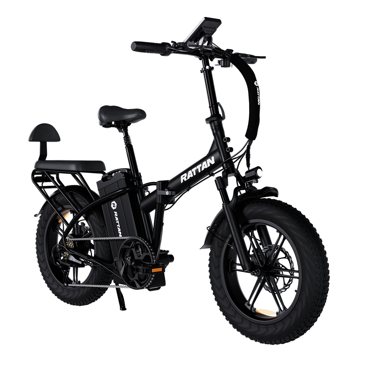 Czarny składany rower elektryczny z grubymi oponami i bagażnikiem.